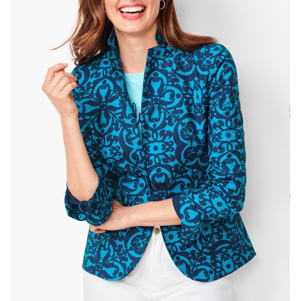 Talbots Womens 8 New Medallion Print Blazer Blue Cotton Stretch Career Casual